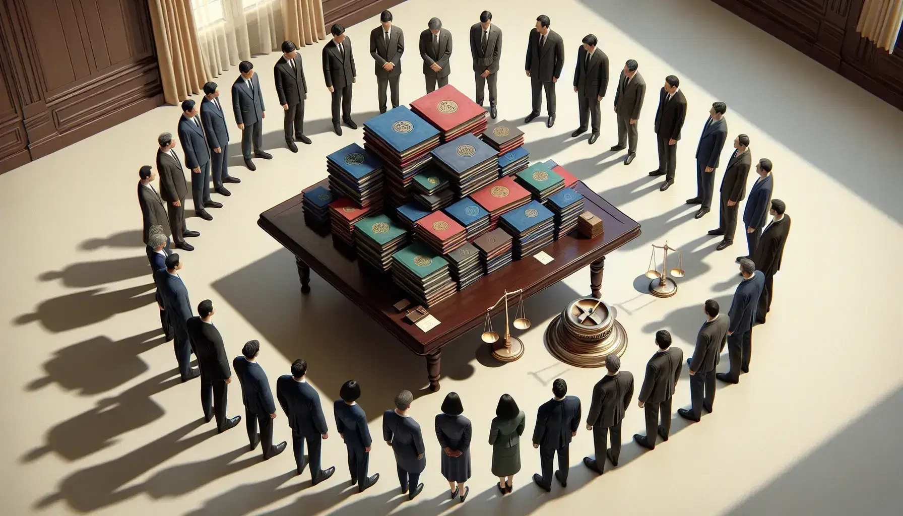 Grupo de profesionales en trajes formales discutiendo alrededor de una mesa con documentos desordenados y una balanza de justicia vacía en una sala iluminada naturalmente.