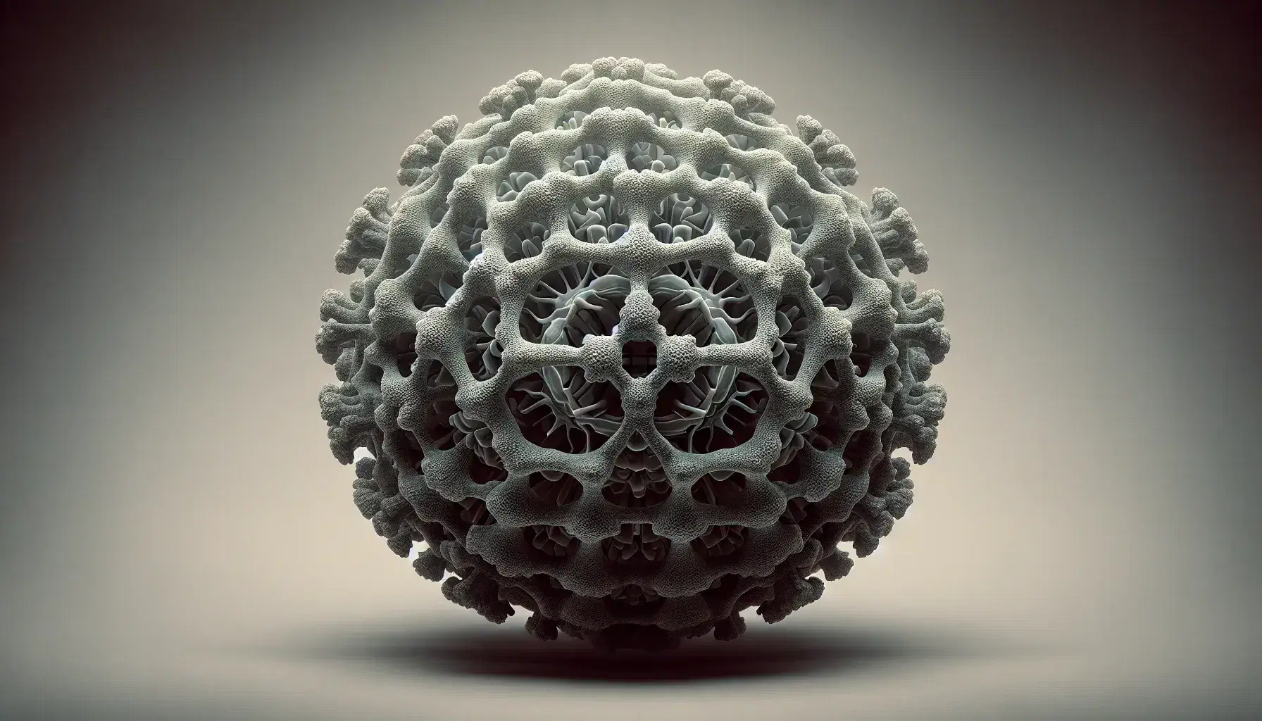 Detailed close-up of a spherical virus particle with a symmetrical protein capsid and a thin, translucent viral envelope surrounding a coiled genome.