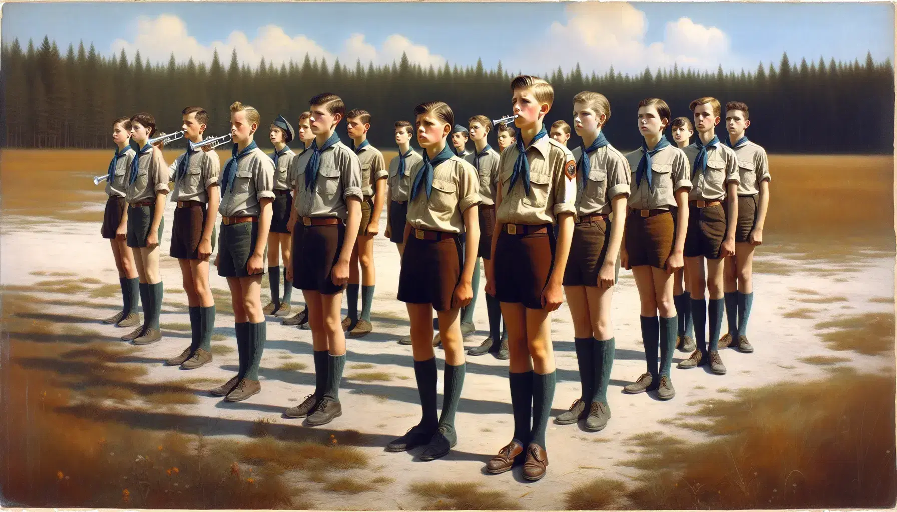 Uniformed youth group in formation outdoors, boys in shorts and neckerchiefs, girls in skirts, with one boy playing a trumpet, set against a forest and blue sky.