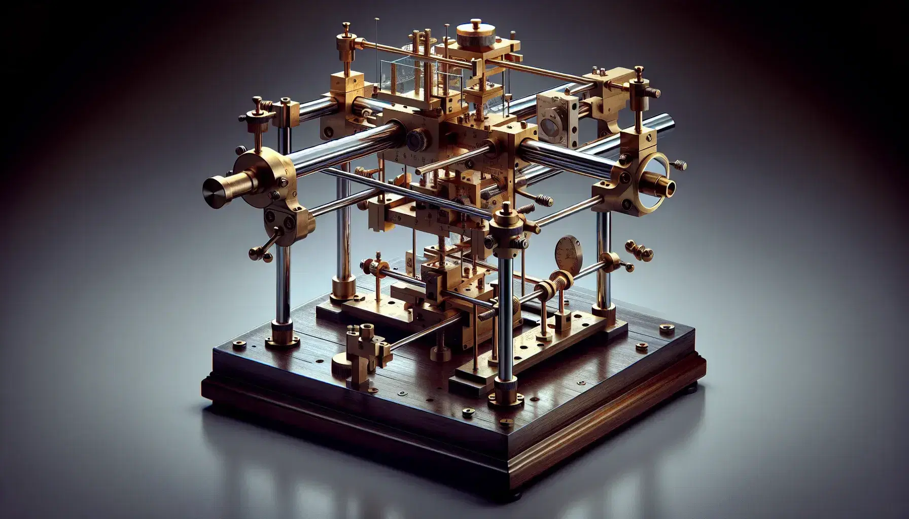 Detailed replica of the Michelson-Morley interferometer with brass and steel components on a wooden base, featuring a central beam splitter and mirrored arms.