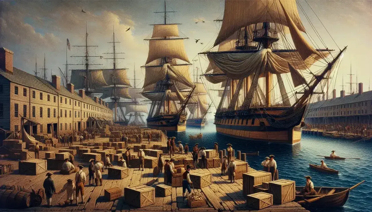 Early 19th-century American port with wooden cargo ships, workers loading goods on docks, cobblestone streets, and brick buildings under a clear blue sky.