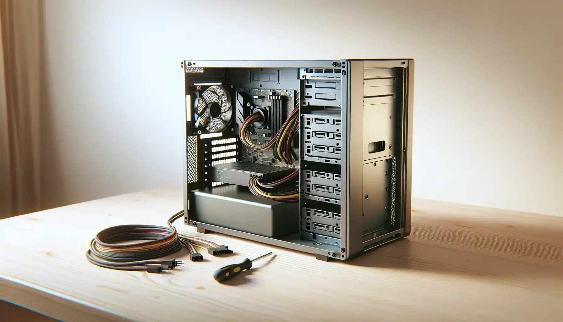 Vista en ángulo de un escritorio de madera con una carcasa de computadora abierta mostrando una fuente de poder y cables de colores, junto a un destornillador.