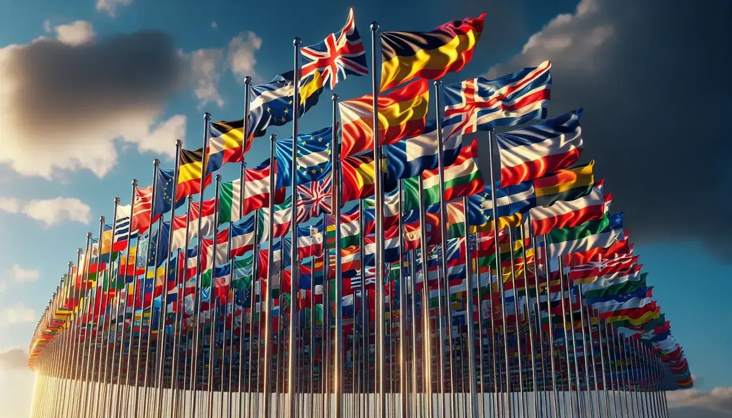Bandiere dei paesi membri dell'Unione Europea sventolano in fila su un'asta contro un cielo azzurro con nuvole sparse, simbolo di unità e diversità.