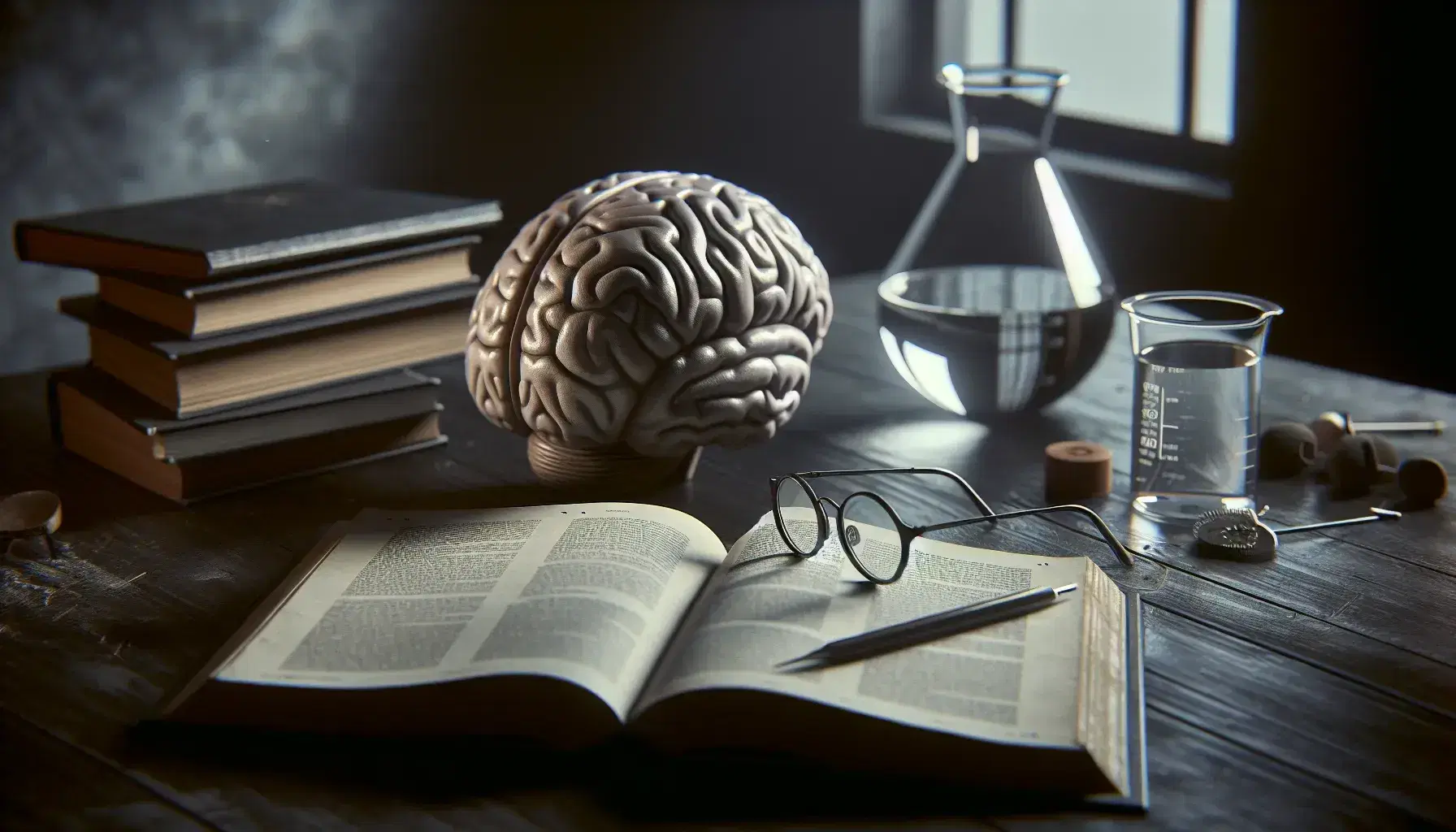 Messy desk with open book, glasses, human brain model, beaker and green plant in a dimly lit room.