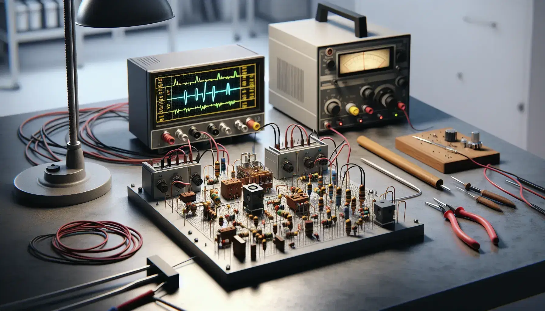 Laboratorio scientifico con banco di lavoro, generatore di tensione, circuito elettronico su base in legno, oscilloscopio e multimeter digitale.