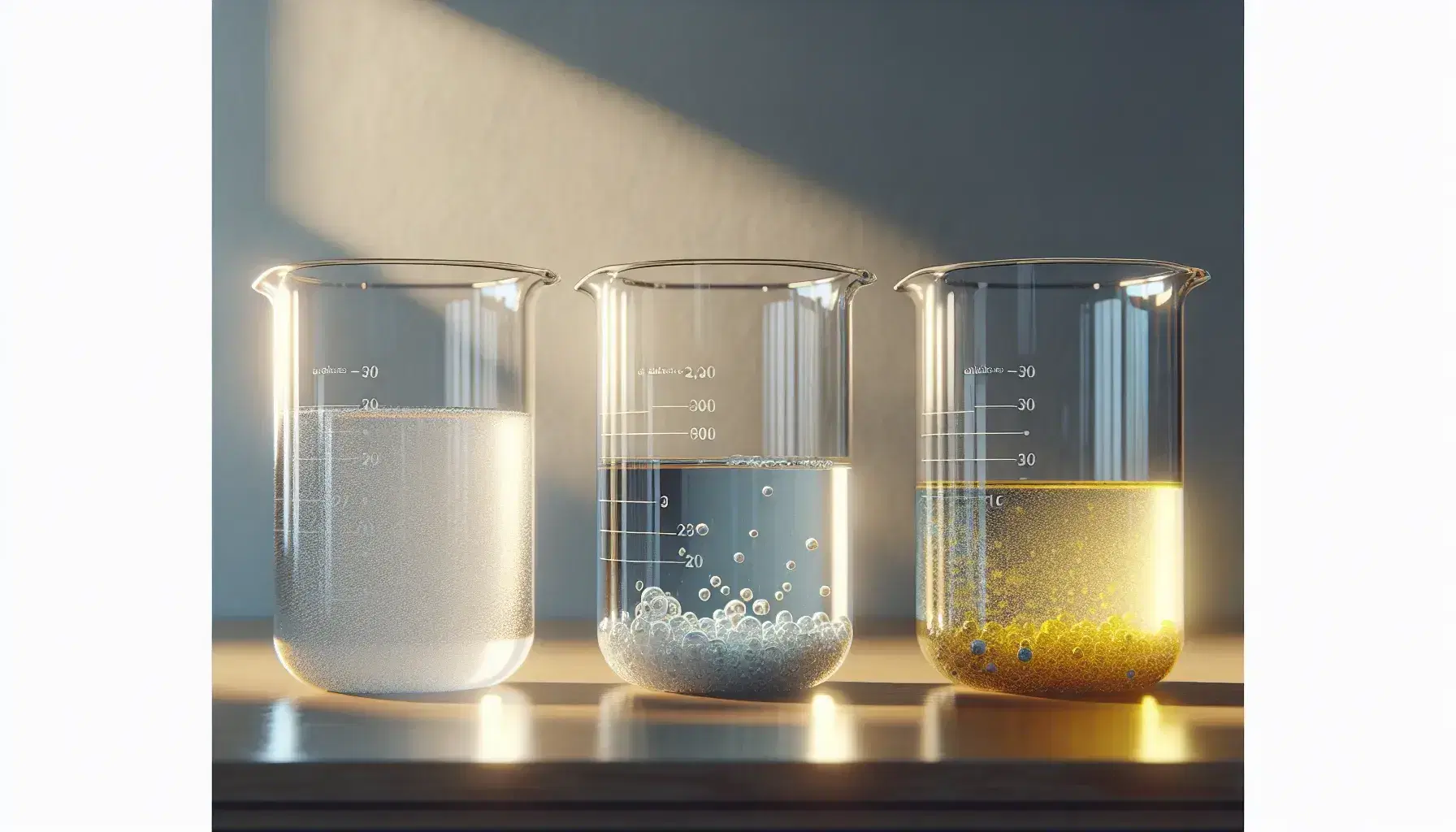 Tre becher in vetro su banco di laboratorio con liquidi: uno trasparente, uno giallo con particelle e uno blu con fase oleosa gialla.