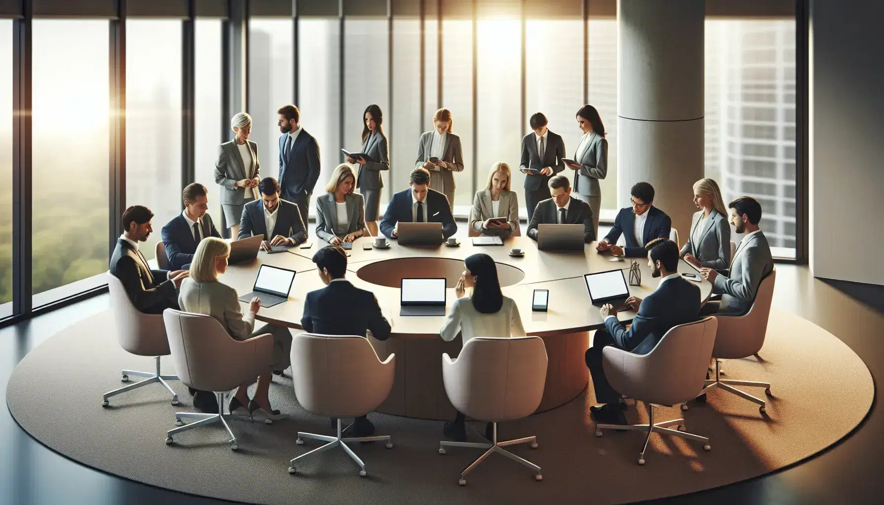 Grupo diverso de profesionales en reunión de trabajo con laptops y móviles sobre mesa ovalada en oficina iluminada naturalmente.