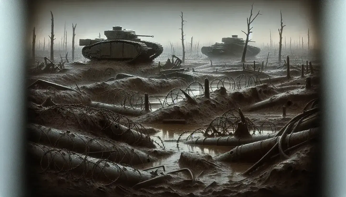Post-battle World War I landscape with muddy shell craters, tangled barbed wire, rusted tanks, and bare trees against a misty, overcast sky.