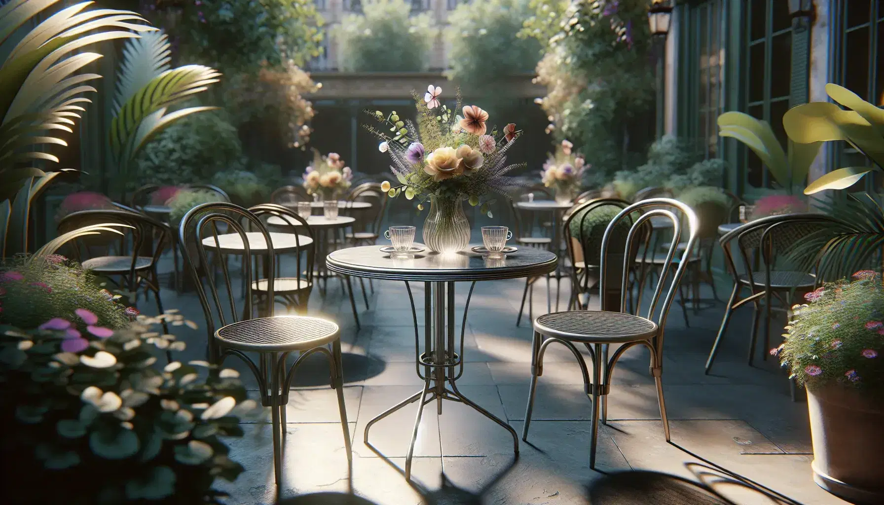 Serene French café scene with a marble-topped bistro table, traditional chairs, empty glass cups, and a vibrant bouquet, surrounded by lush potted plants.