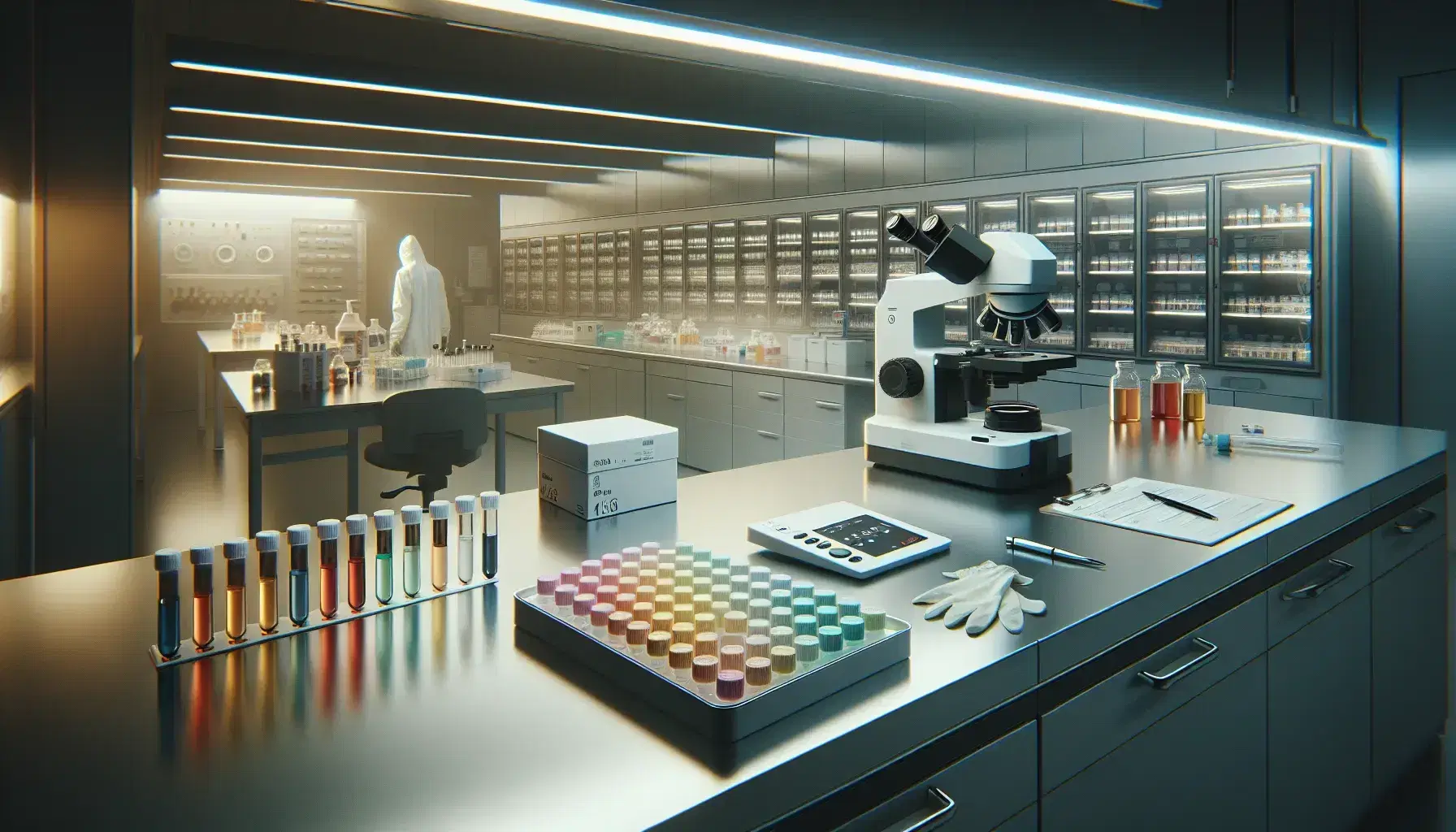 Laboratorio clínico moderno con microscopio electrónico, tubos de ensayo de colores, reactivos y técnico trabajando con pipeta electrónica.