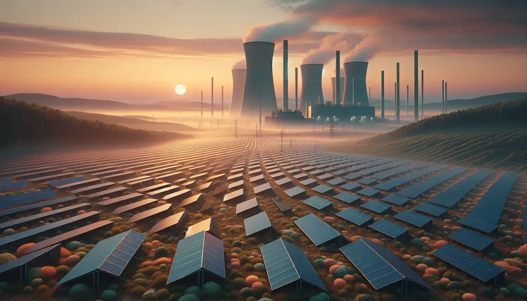 Puesta de sol sobre campo de paneles solares con planta de energía al fondo y colinas verdes, reflejando la armonía entre tecnología y naturaleza.