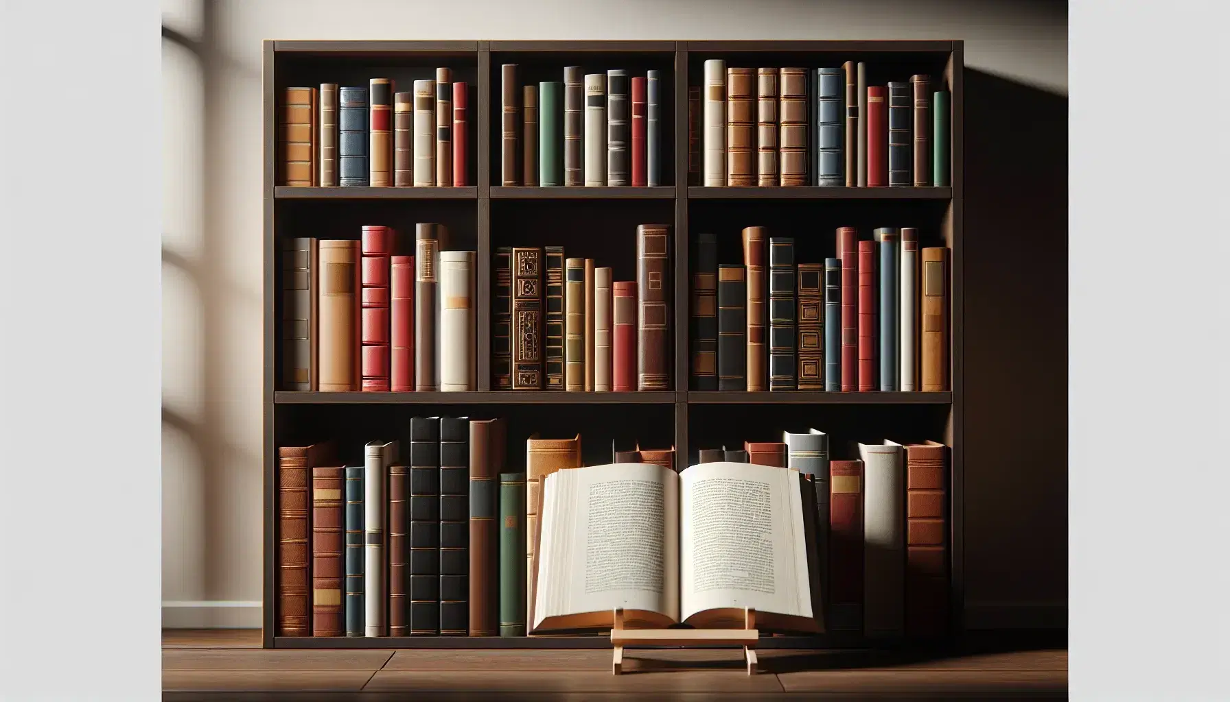Estantería de madera oscura repleta de libros de diversos tamaños y colores con un libro abierto en atril de madera clara al frente.