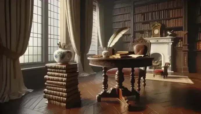 Salón del siglo XIX con mesa redonda de madera oscura, silla tapizada en terciopelo rojo, pluma y tintero sobre la mesa, cortinas crema, estantería llena de libros, reloj de péndulo y escultura en la chimenea de mármol blanco.