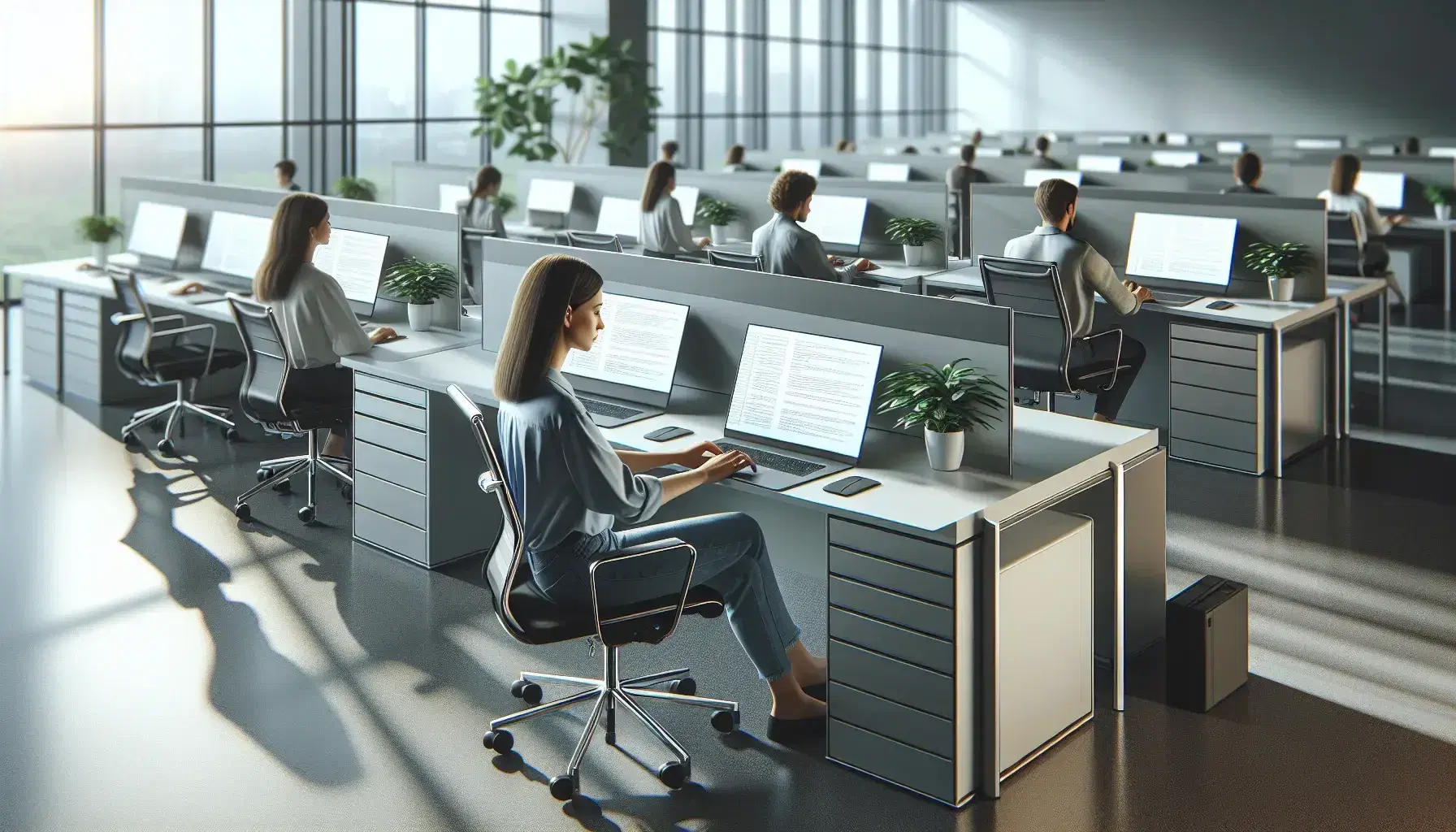 Modern and bright office with workstations equipped with silver laptops, concentrated woman at the computer, ergonomic chairs and green plant.