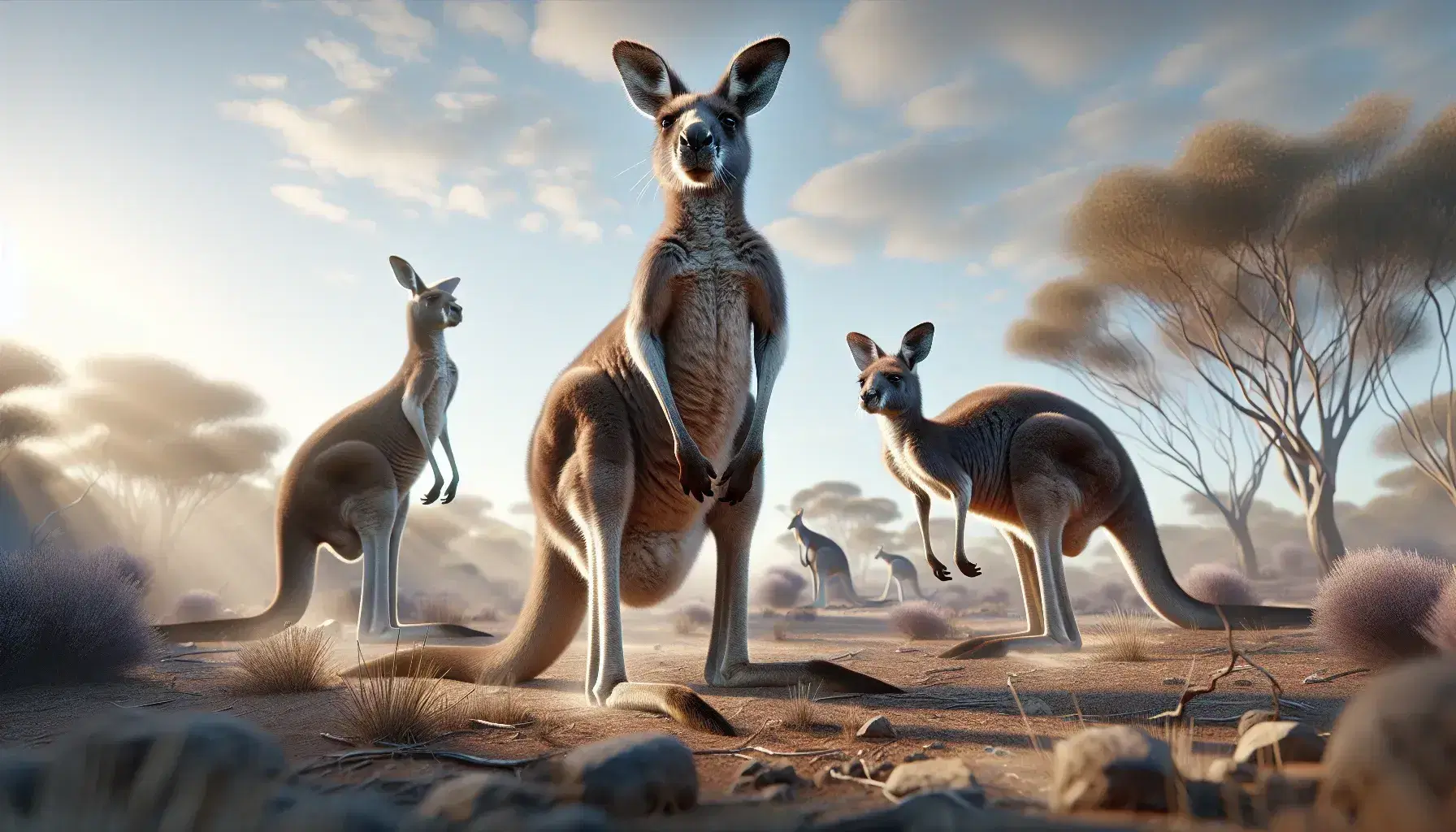Grupo de tres canguros en hábitat natural, con uno adulto en primer plano y otro joven a su lado, y un tercero en movimiento al fondo, bajo un cielo azul.