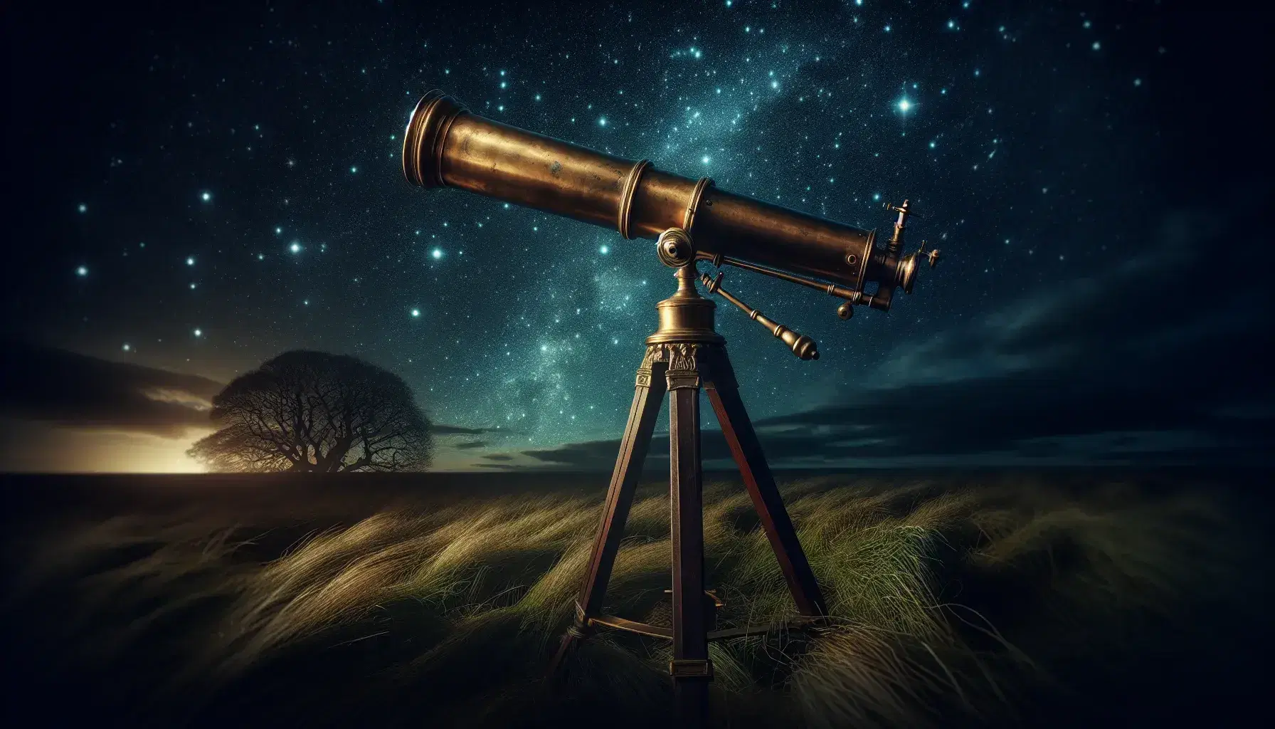 Telescopio antico in ottone su treppiede di legno scuro puntato verso un cielo stellato notturno senza nuvole, con erba e silhouette di albero.