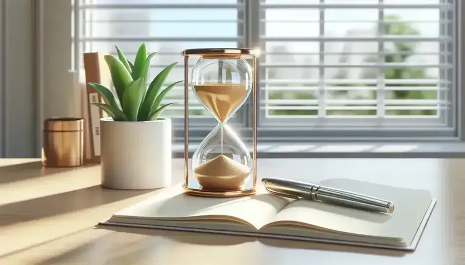 Reloj de arena de vidrio con arena dorada en mesa de madera, planta verde en maceta blanca y cuaderno abierto con bolígrafo metálico, luz natural de ventana al fondo.
