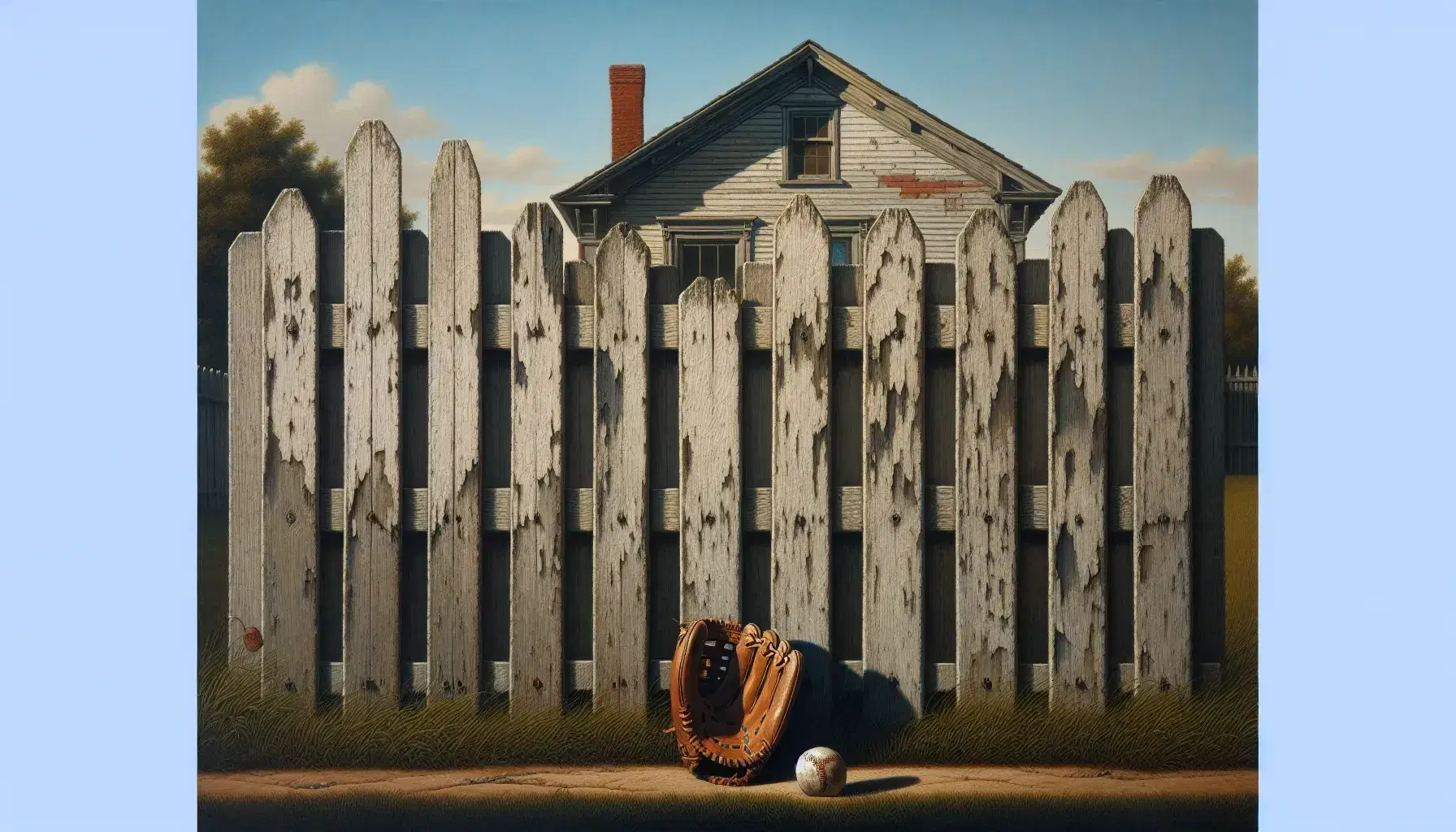 Weathered wooden fence with peeling white paint under a clear blue sky, a worn baseball glove and ball at its base, and a modest brick house in the background.