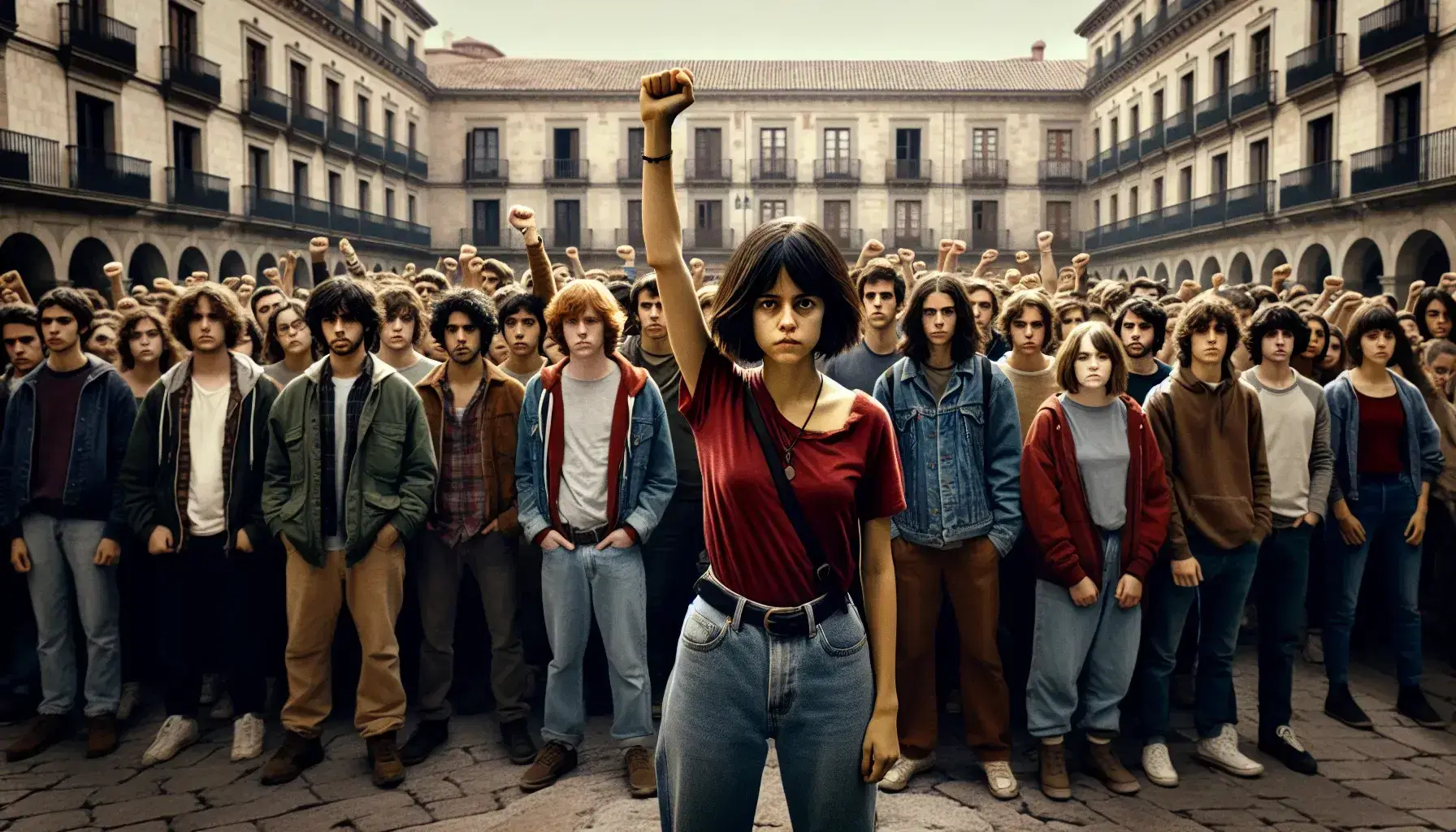 Group of diverse young people united in a Spanish square, with one woman raising her fist in solidarity, against a backdrop of historic buildings.
