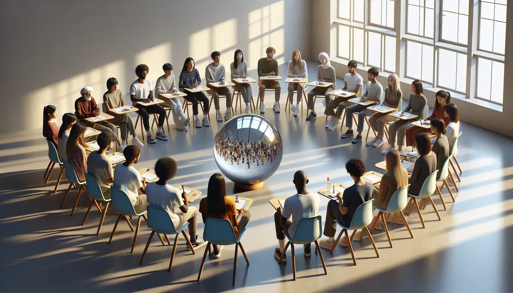 Group of multiethnic students collaborate in bright classroom with mini blackboards, sitting in circle around glass sphere on wooden stand.