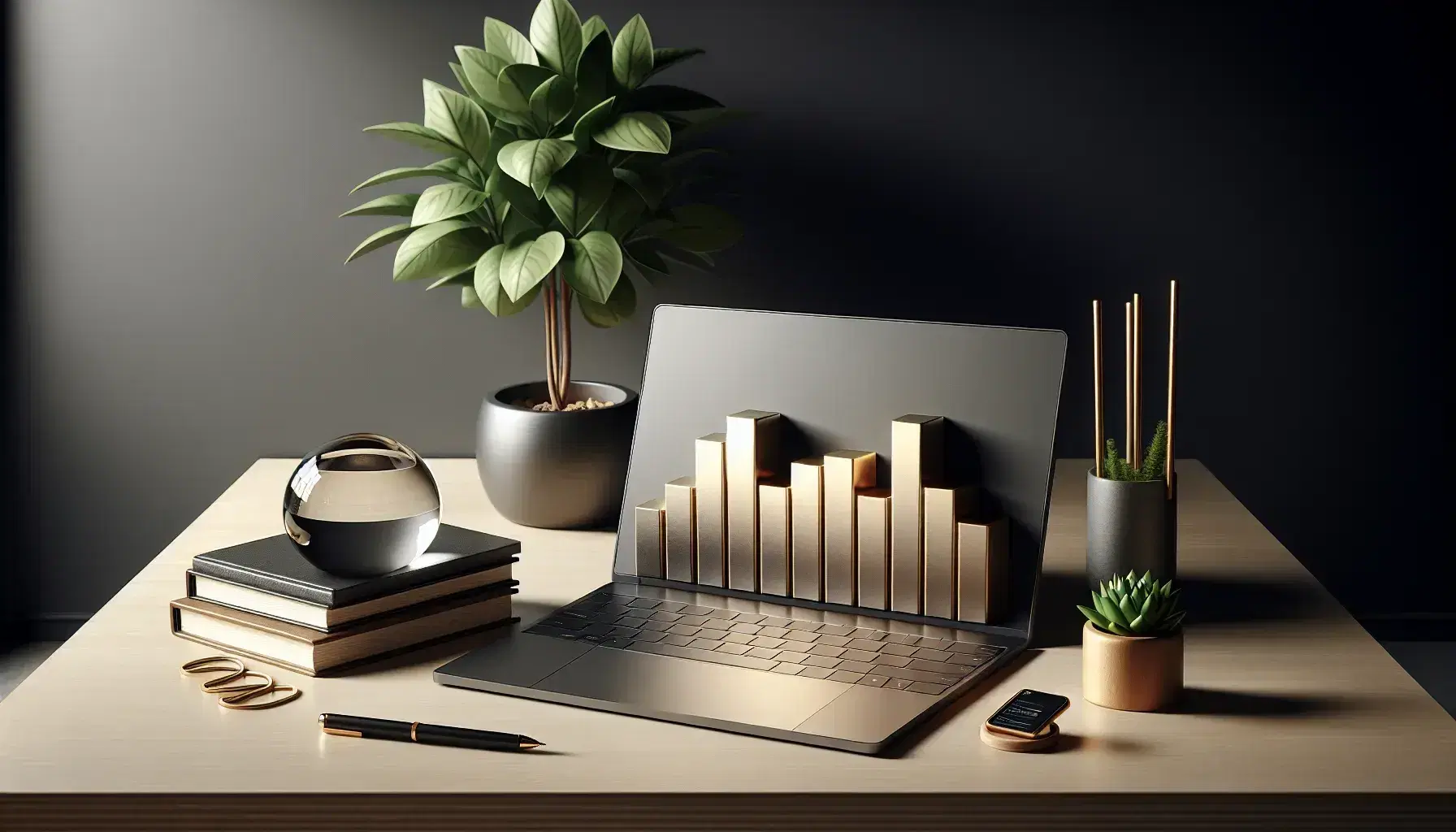 Modern office desk with a silver laptop, gold bar chart sculpture, crystal ball on wooden stand, lush potted plant, and a leather notebook with fountain pen.