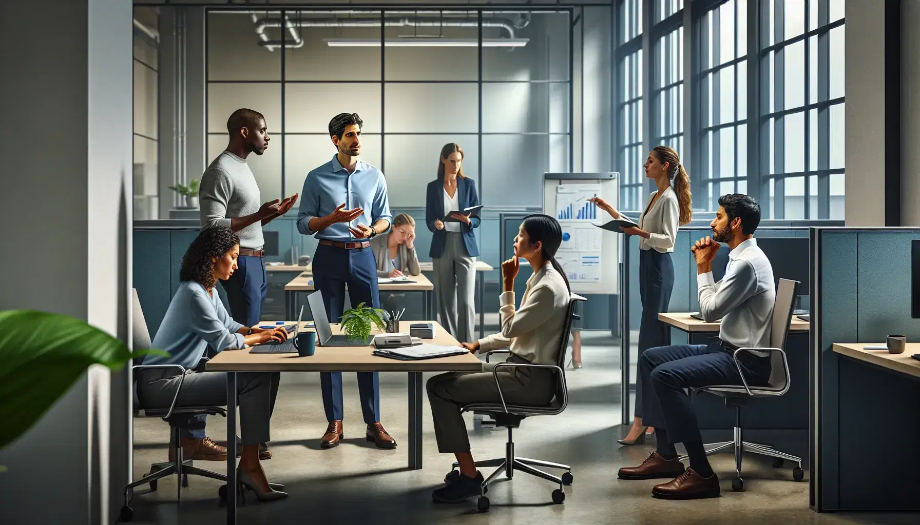 Diverse team engaged in a business meeting with a presentation in a bright, modern office setting, reflecting a collaborative work environment.