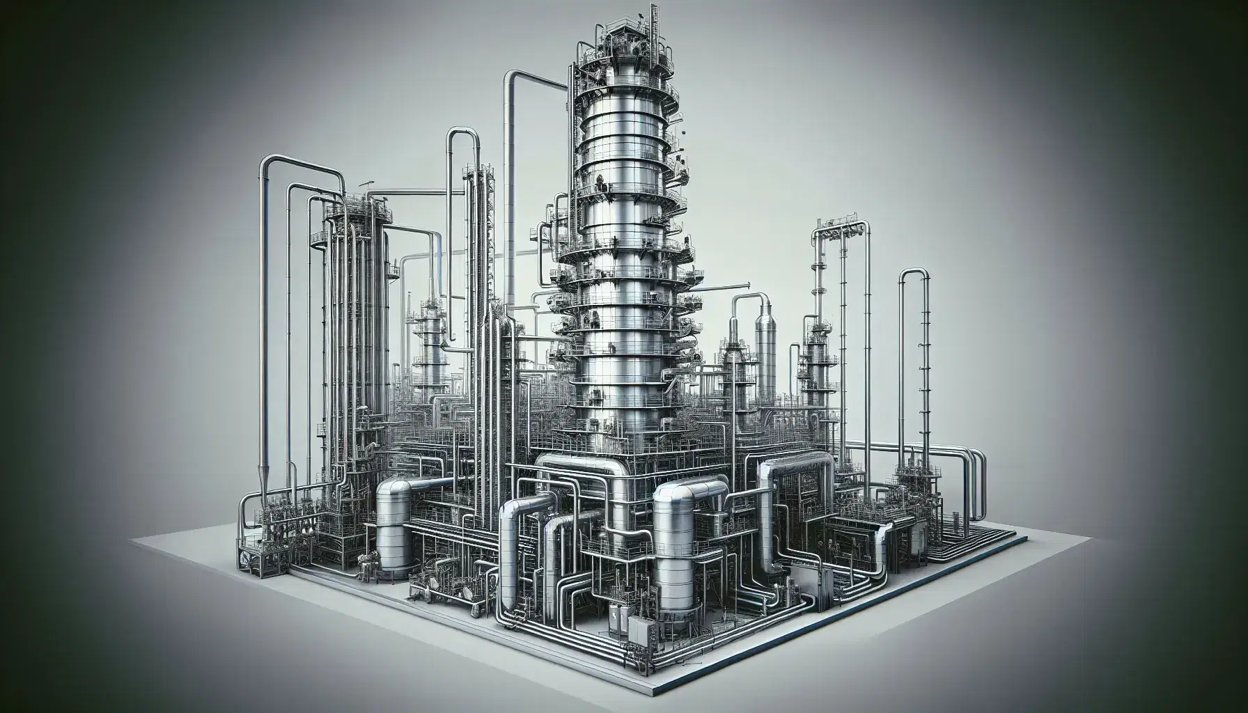 Industrial metal distillation column with silver highlights, pipes and condensers under a blue sky, with no people visible.