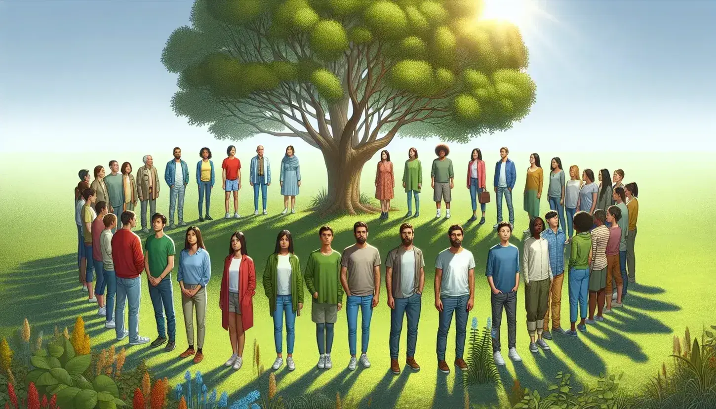 Diverse group of people in semi-circle in a park with leafy tree, casually dressed, expressing serenity under a blue sky.