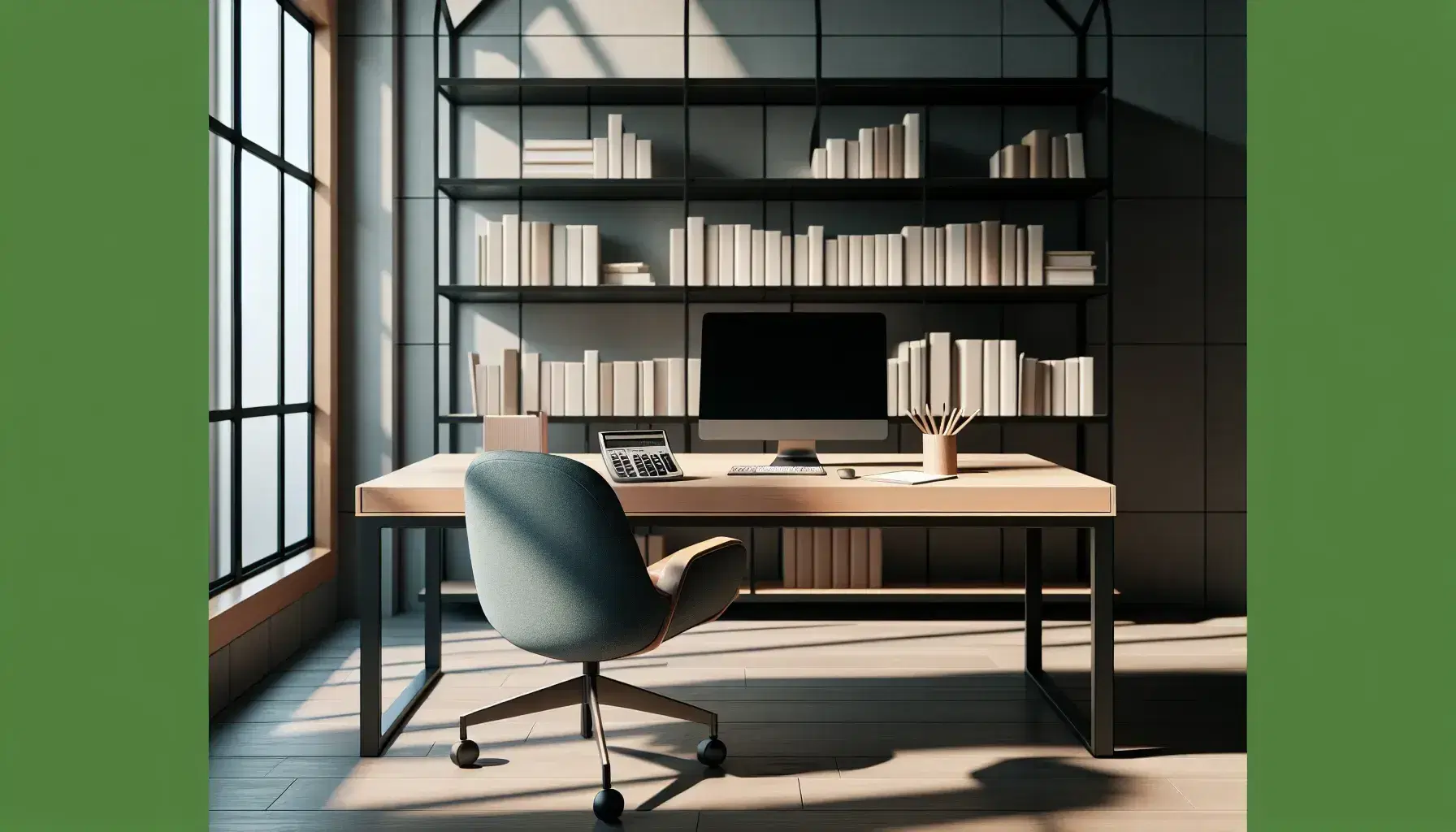 Oficina moderna y luminosa con escritorio de madera, calculadora, papeles y lápiz, silla ergonómica azul y librería con libros ordenados.