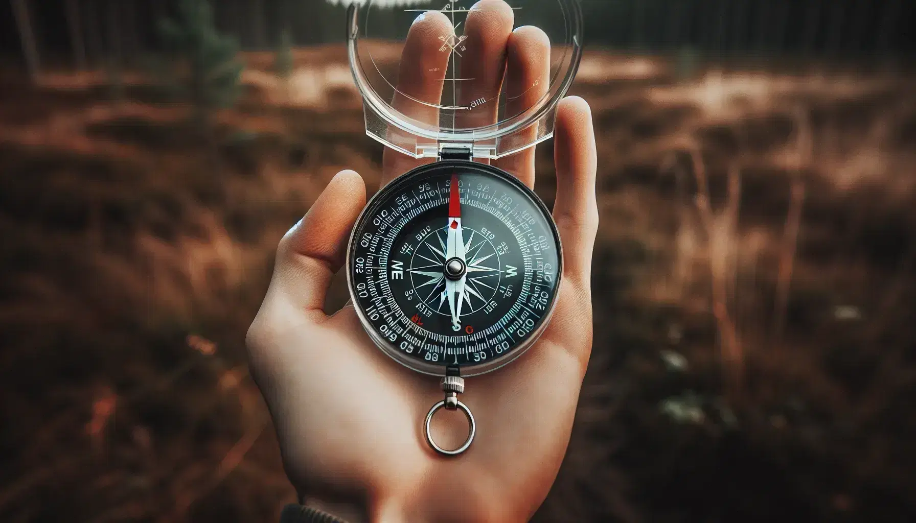 Mano sosteniendo brújula de orientación tradicional con aguja magnética apuntando al norte y escala graduada en base transparente, en fondo natural desenfocado.