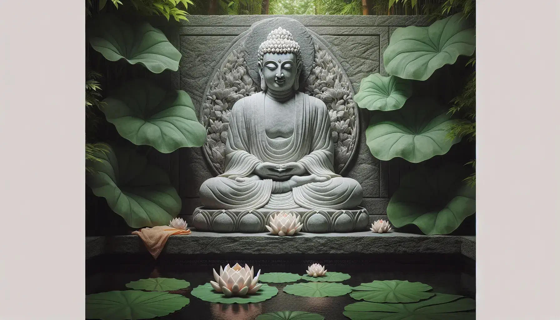 Statua di Buddha in pietra grigia in meditazione, circondata da fogliame verde con fiori di loto rosa e tessuto arancione accanto.