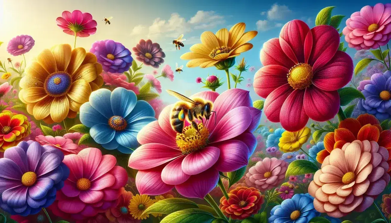 Flores en plena floración con pétalos de colores vivos y abeja recolectando polen en un día soleado, rodeadas de hojas verdes y gotas de rocío bajo un cielo azul.