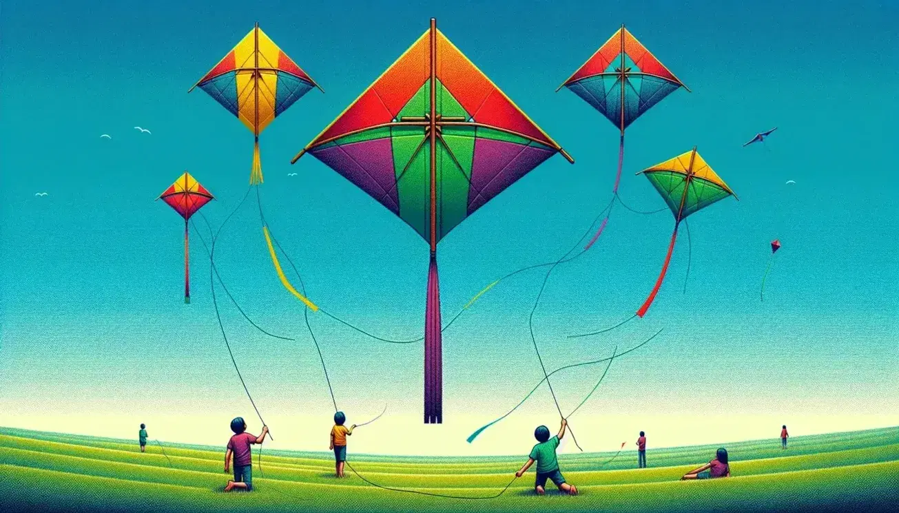 Three children fly kites of varying shapes and colors against a clear blue sky, with a lush green field beneath them.