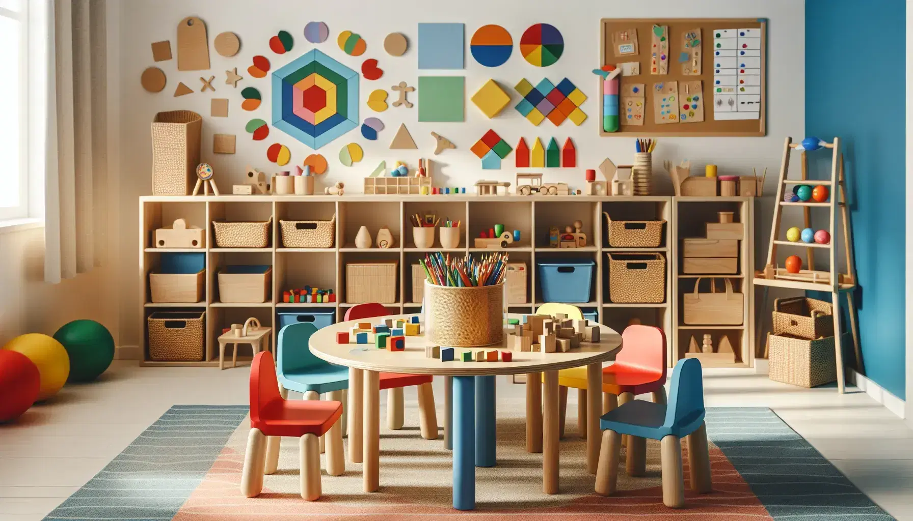 Aula de jardín de infantes luminosa con mesa redonda y sillas de colores, bloques de construcción, crayones y estantería con juguetes y libros, niños sentados en alfombra con adulto.