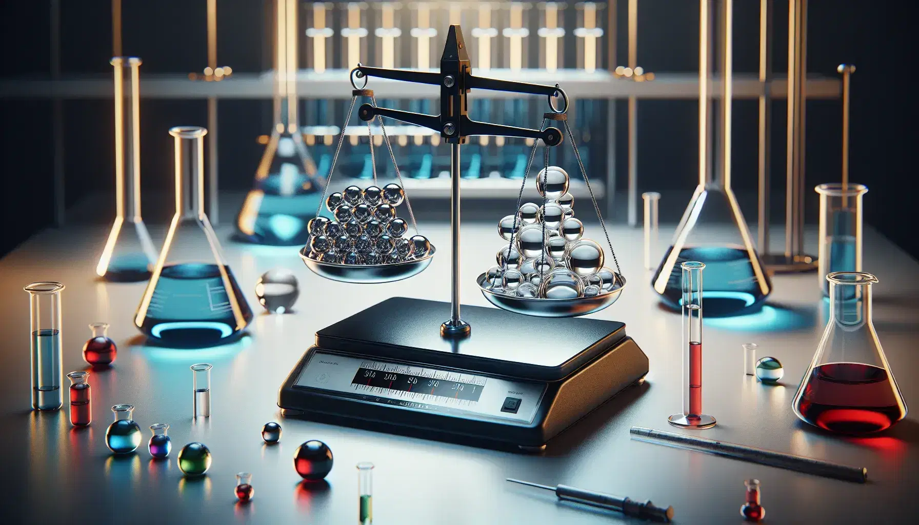 Balanza de laboratorio en equilibrio con bloque de metal plateado y esferas de vidrio, sobre mesa con matraces de colores y tubo de ensayo rojo.