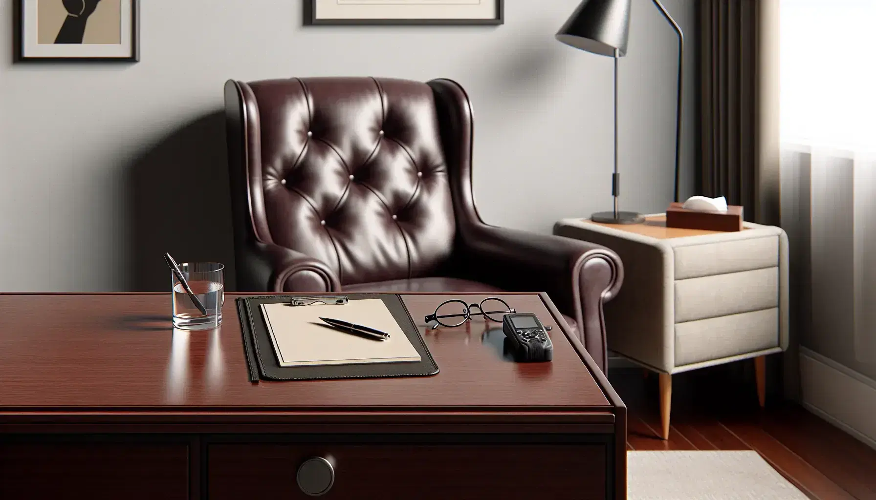 Psychologist's office with mahogany desk, voice recorder, glasses, beige armchair, framed diploma and abstract painting.