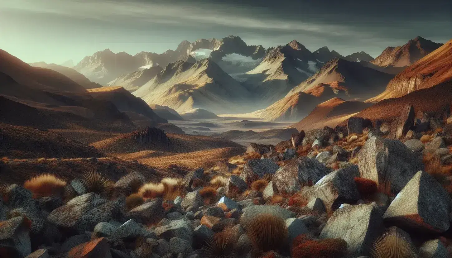 Vista panorámica de paisaje montañoso con picos nevados, rocas en primer plano y cielo despejado.