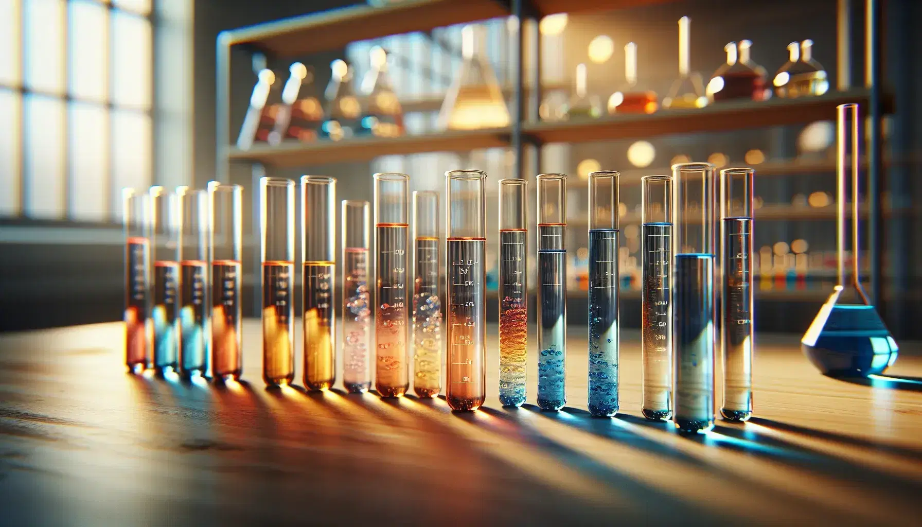 Serie di provette in vetro trasparente con soluzioni colorate da arancione a blu su banco laboratorio, effetto arcobaleno, sfondo sfocato attrezzature da laboratorio.