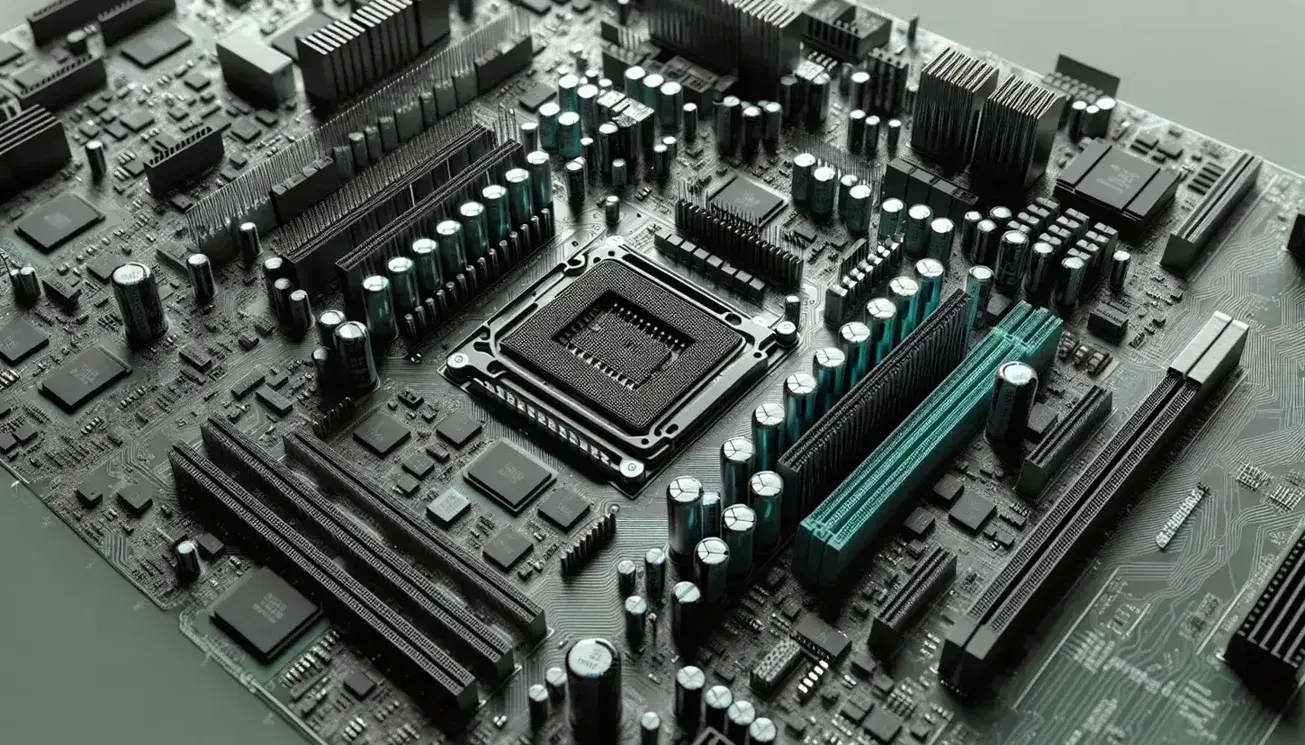 Close-up of a motherboard with CPU socket, RAM slot, integrated circuits, capacitors and resistors on green circuit board.
