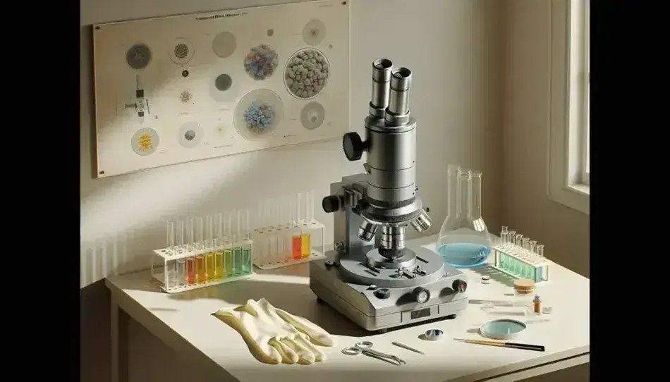 Microscopio elettronico a trasmissione grigio metallico su tavolo da laboratorio con provette colorate e guanto in lattice.
