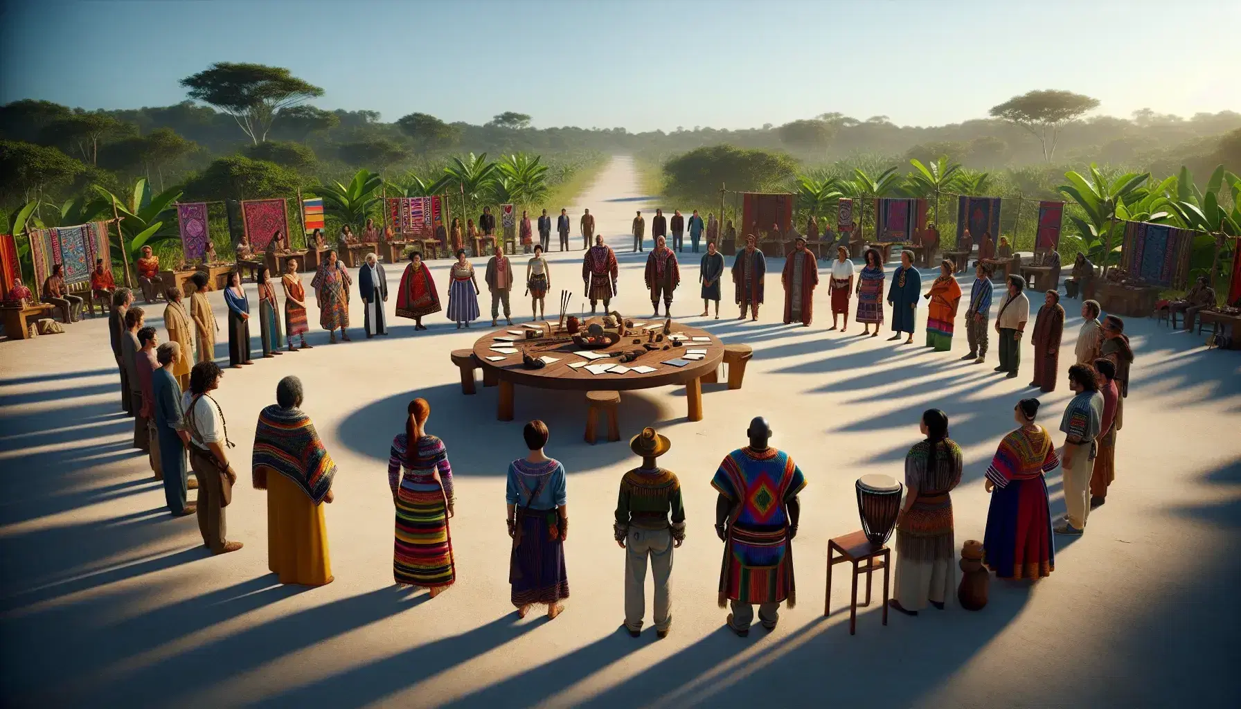 Grupo de adultos en círculo al aire libre con mesa central con documentos y objetos culturales, rodeados de vegetación bajo cielo azul.