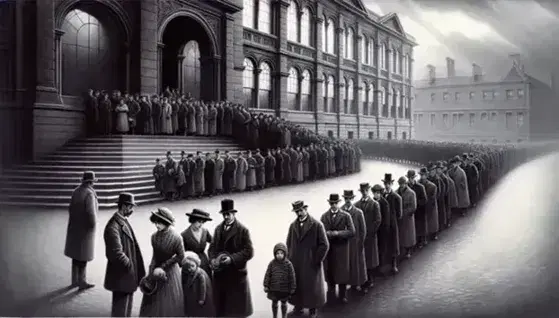 Queue of people in vintage clothing outside a classical building, reflecting early 20th-century life with a somber mood under a cloudy sky.