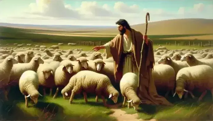 Pastor con túnica beige y manto marrón sostiene un bastón y tiende la mano a una oveja, rodeado de su rebaño en un campo verde bajo un cielo azul.