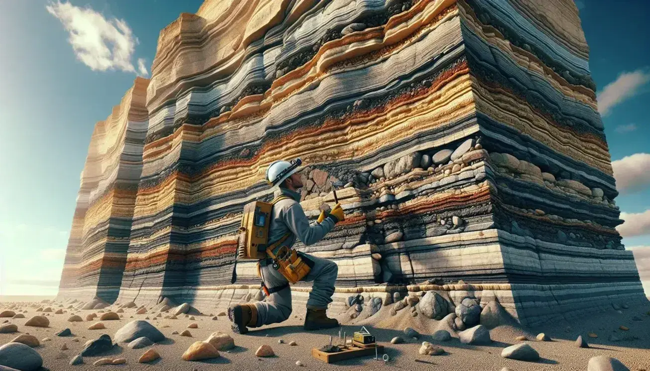 Geologo in tuta da lavoro esamina sezione trasversale di formazione rocciosa stratificata con martello e lente, sotto cielo azzurro.