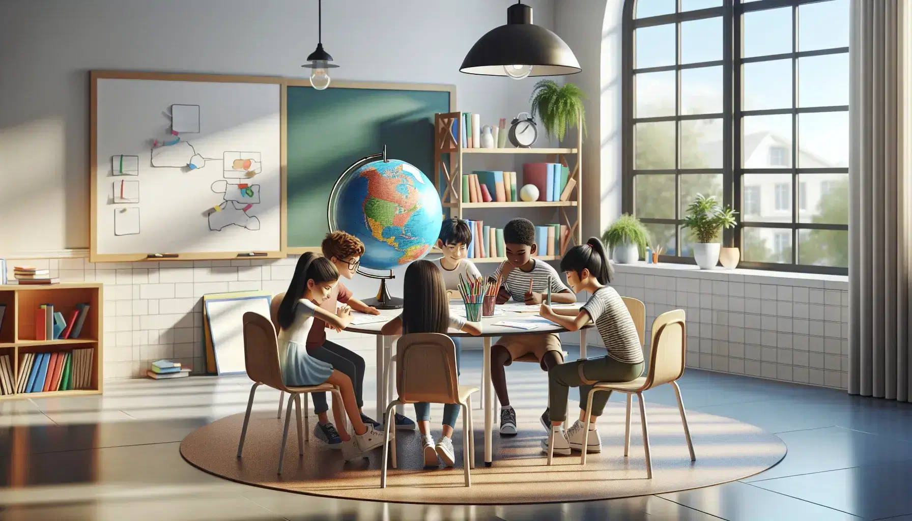 Aula escolar colorida con estudiantes de diversas etnias colaborando en un proyecto alrededor de una mesa con papeles y lápices de colores, bajo luz natural.