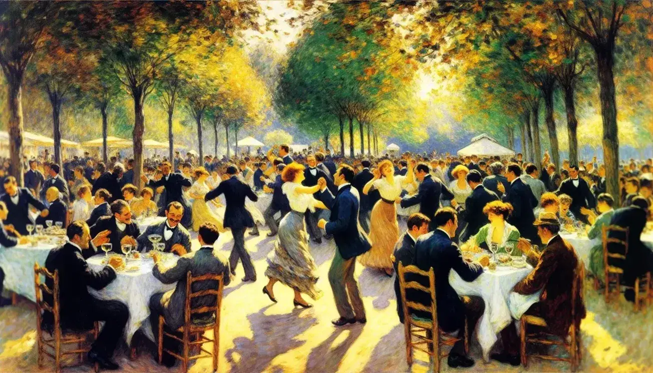Pomeriggio animato in giardino con persone che ballano, uomini in abito scuro, donne in vesti chiare, tavoli imbanditi, alberi lussureggianti e gioco di luci.