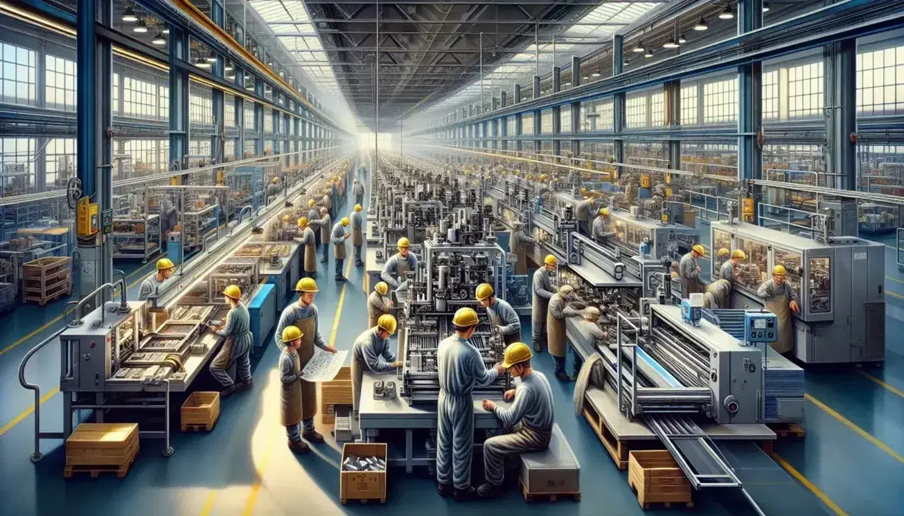 Active factory floor with workers in safety helmets operating machinery and assembling products, with conveyer belts and natural light.