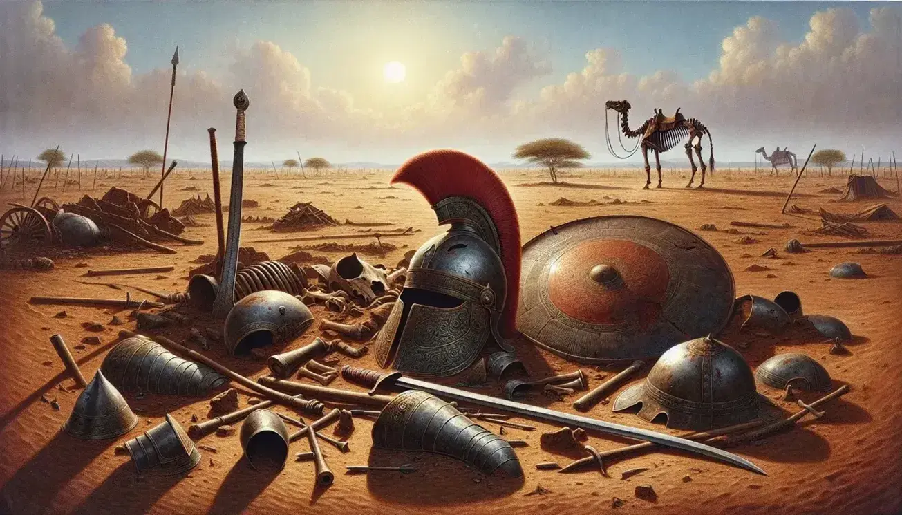 Panoramic view of an ancient Panipat battlefield with scattered armor, a dented helmet, engraved gauntlets, a curved sword, and skeletal horse remains.