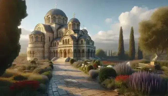 Iglesia bizantina de piedra con cúpulas y cruces, rodeada de jardín florido y árbol perenne bajo cielo azul con nubes dispersas.