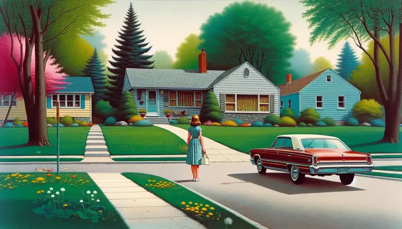 Tranquil 1960s suburban street with a red vintage car parked, a girl in a floral dress walking, and pastel-colored houses under a clear blue sky.